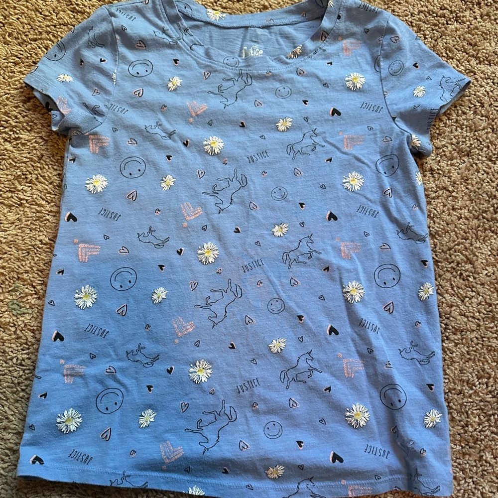Justice Blue Tee with Unicorn and Daisy Print